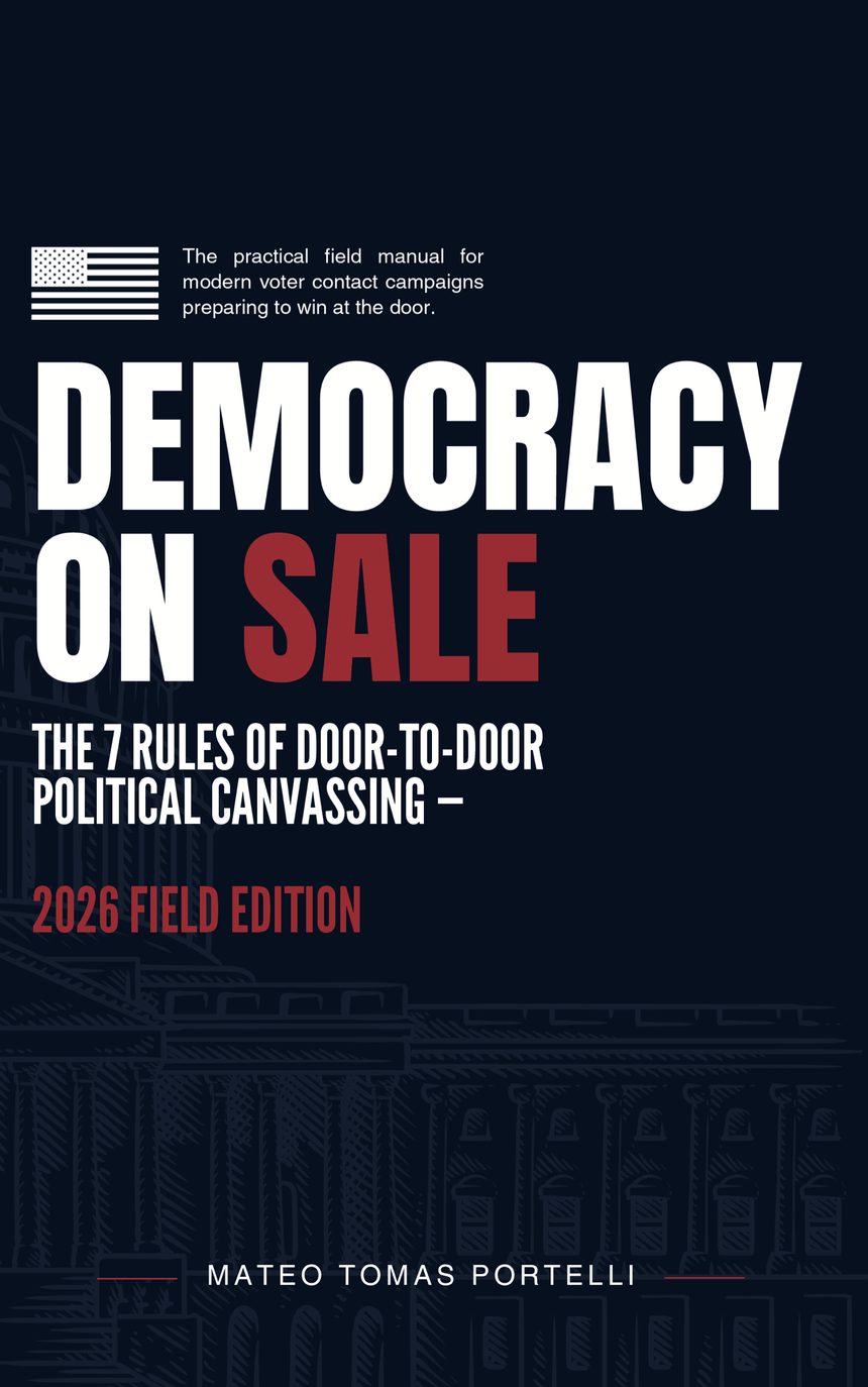 Cover of Democracy on Sale: The 7 Rules of Door-to-Door Political Canvassing — 2026 Field Edition by Mateo Tomas Portelli